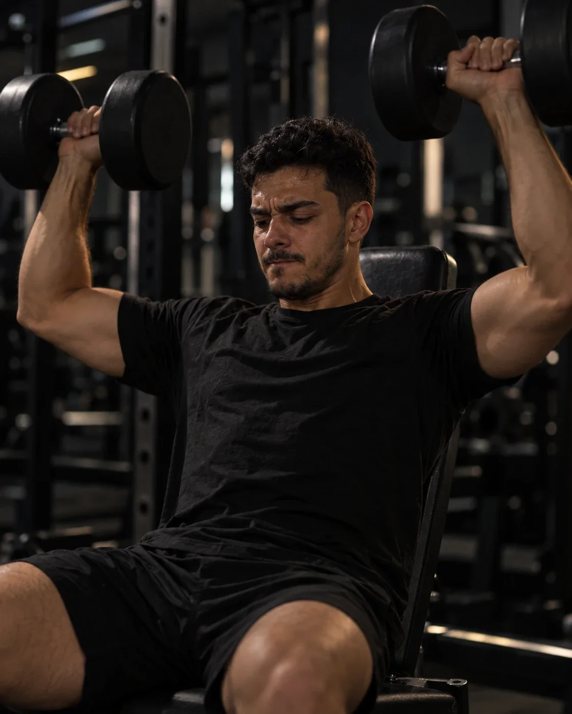 Aluno treinando ombro com halteres na academia