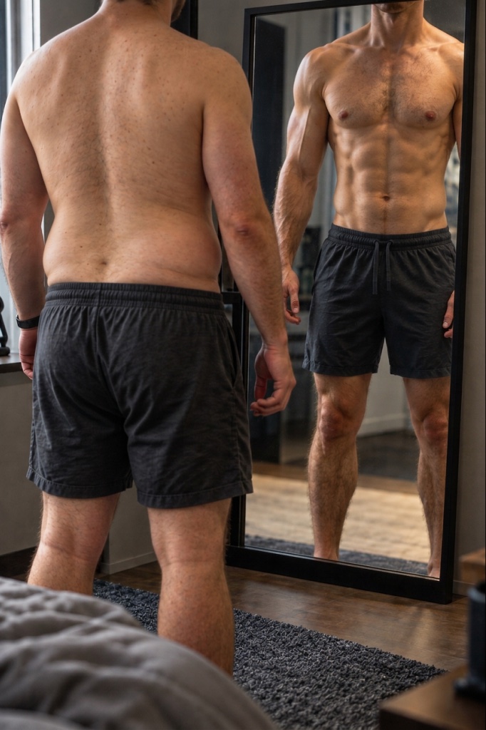Homem de frente ao espelho vendo o reflexo em melhor forma